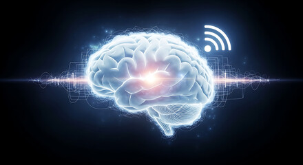 Glowing brain with wifi symbol and radiant lines on dark background celebrating Krishna janmashtami