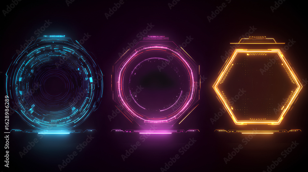 Poster digital neon hud frames in futuristic geometric forms. bright lightning portals with text. game ux d