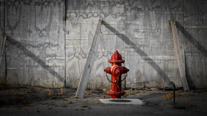 a fire hydrant centered in the foreground of an urban area under development. an active fire...