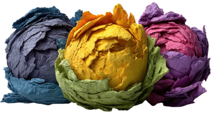 A Trio of Colorful Cabbage Heads: vibrant trio of uniquely crafted cabbage heads, each radiating artistic flair and a medley of striking hues, ideal for artistic or food-themed projects.