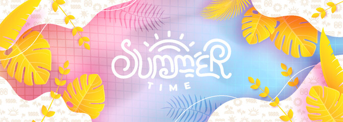 Summer sale features a paper-cut tropical background in bright colors. Combining the concept of tropical leaves and discount vouchers. Vector illustration template.