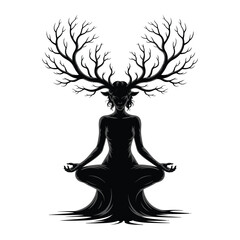 Meditating figure with branches growing from head forming tree shape in surreal concept vector illustration.