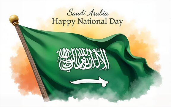 watercolor illustration of saudi arabias national day featuring symbolic elements like the flag and cultural motifs rich colors and fluid brushstrokes convey pride and celebration. High quality