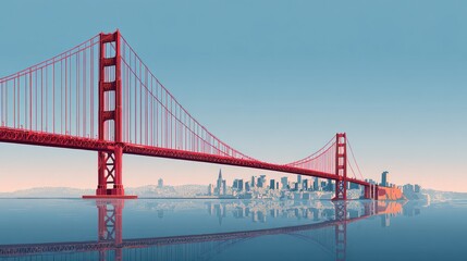 Fototapeta premium Red bridge spans a calm body of water, reflecting the city skyline behind