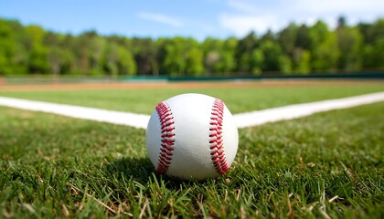 Baseball on a grassy field, sunny day