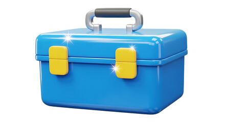 Blue toolbox with yellow latches and a black handle isolated on transparent background