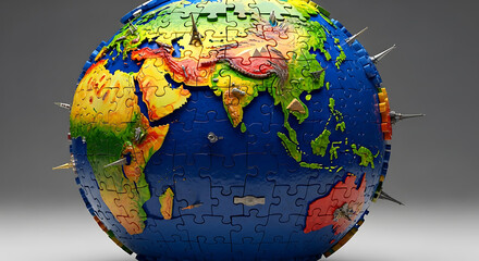 A jigsaw puzzle globe with Krishna janmashtami celebration decorations on a gray background