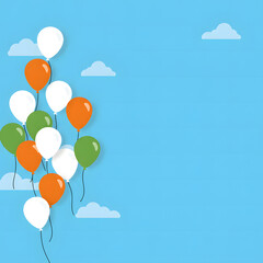 A bunch of balloons in the colors of the Indian flag float against a blue sky with fluffy white clouds.