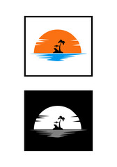 Minimalist island sunset illustration in color and monochrome versions, featuring a palm tree, calm water, and a setting sun with light reflections and clouds.