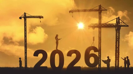 Animated video of construction cranes building the number 2026 at sunset.