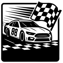 Race car Stock Racing car crossing finish line icon with transparent background in black and white style
