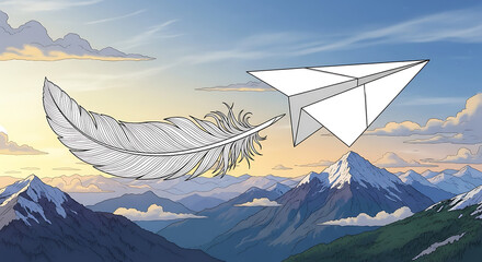 Illustration of a paper airplane and feather flying over mountains during Krishna janmashtami with a serene and peaceful mood.