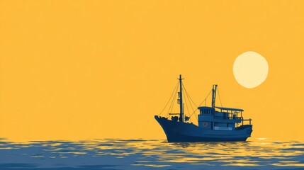 Fototapeta premium Boat in calm water, warm sunset. Simplistic illustration