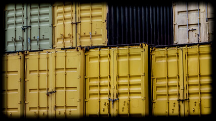 wide close-up of stacked cargo shipping containers for storage or transport. industry and economy background or banner illustration