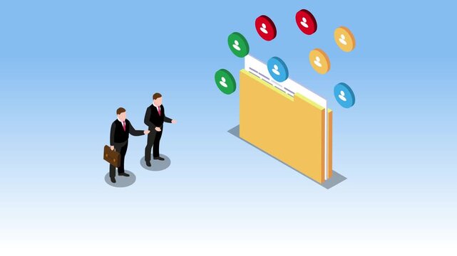 Handshake with a Gigantic Folder with User Profile Icons 3d animation cartoon