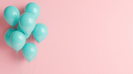 Bunch of teal balloons against a pink wall, creating soft light, party atmosphere