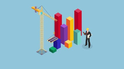 Business Growth and Data Construction with Crane and Bar Chart 3d animation cartoon - Powered by Adobe