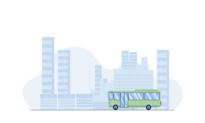 Illustration vector graphic of a green city bus on an urban street with skyscrapers in the background, perfect for public transport, city travel, and metropolitan-themed designs.