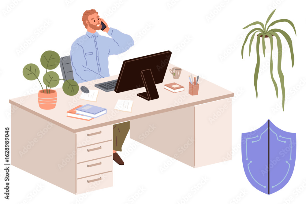 Poster man at desk with computer and books talks on phone, surrounded by green plants and a shield. ideal f
