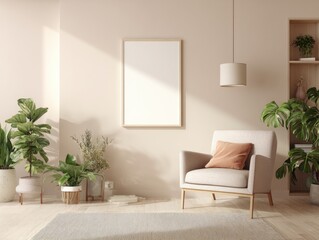 Beige living room with plants, chair, and blank art