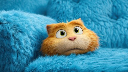 Cartoon ginger cat nestled in soft, vibrant blue fur looks apprehensive and adorable