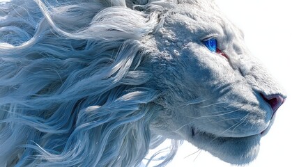Close up of a majestic white lion with striking blue eyes on a white background