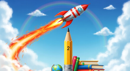 Illustration of a rocket launching from a stack of colorful books and pencils on Krishna janmashtami with a rainbow and cloudy sky.