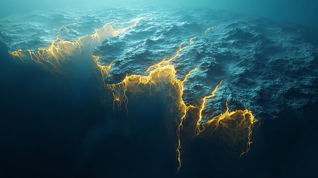 Majestic submerged continent map glowing with golden tectonic lines beneath deep blue ocean surface, symbolizing lost civilizations, geological mysteries, and underwater exploration futuristic sci-fi 