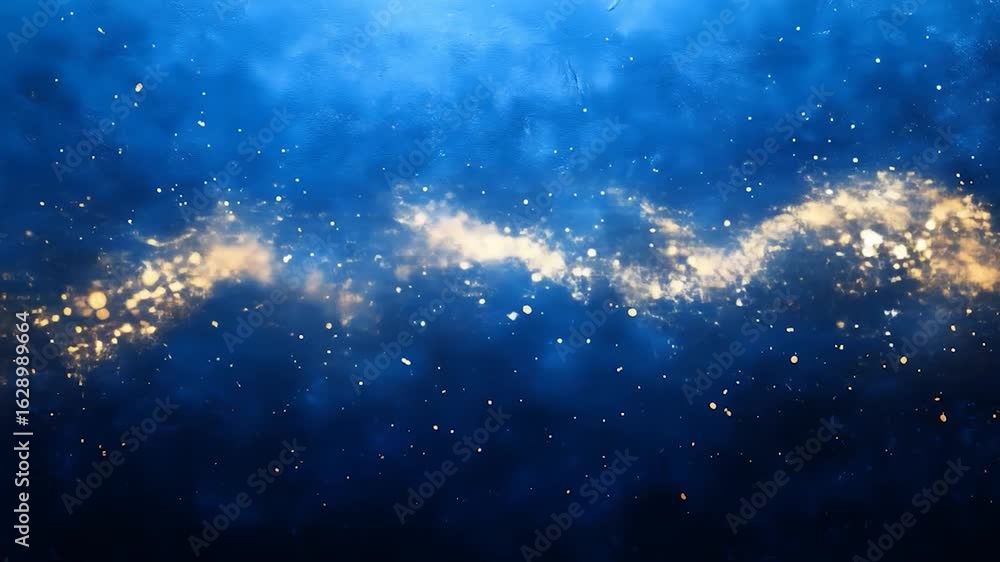 Poster abstract blue nebula with golden particles flowing dynamically across the screen