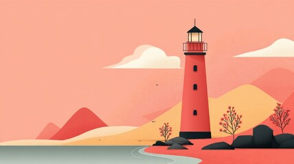 Coastal lighthouse stands near the sea, mountains, rocks, trees, and serene sky