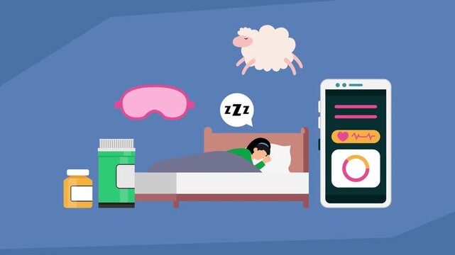 Healthy Sleep and Monitoring Concept with Sleep Tracker App, Pills, Mask, and Resting Person sign cartoon animation
