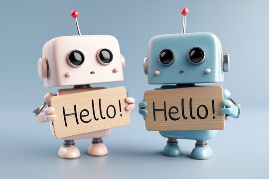 Two charming robots cheerfully greet with wooden signs that say 'Hello!'