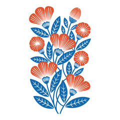 A delicate floral branch with round petals in red and blue creates clean aesthetic ector illustration.