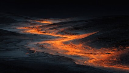 Naklejka premium Sunrise glows on a winding desert path