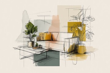 A stylish living room sketched with a sofa, plants, and abstract watercolor backgrounds.