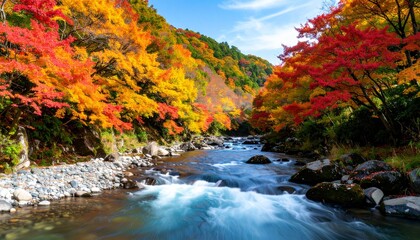紅葉に映える渓流の秋景色