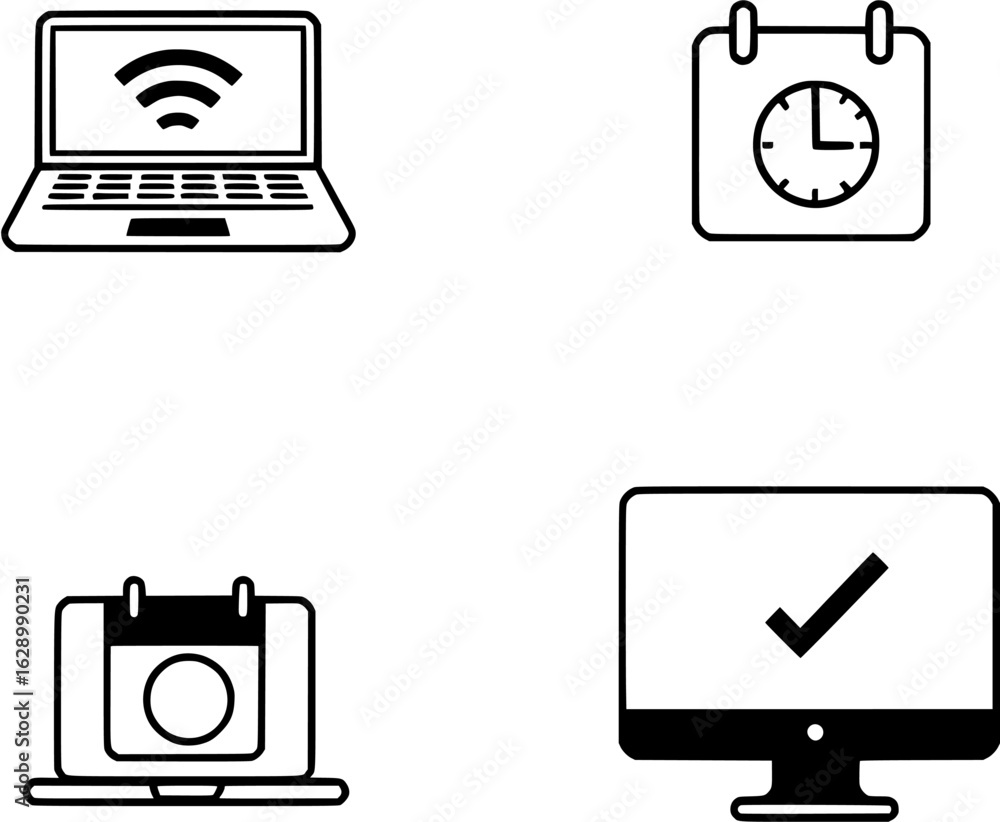 Poster set of minimal line icons representing computer, laptop, and calendar with clock and checkmark for w