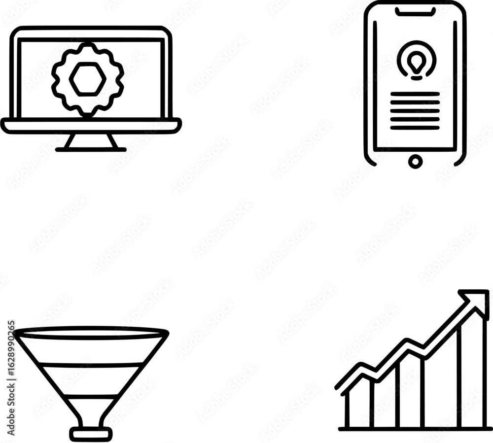 Poster set of business and data analysis line icons including computer settings, mobile analytics, conversi
