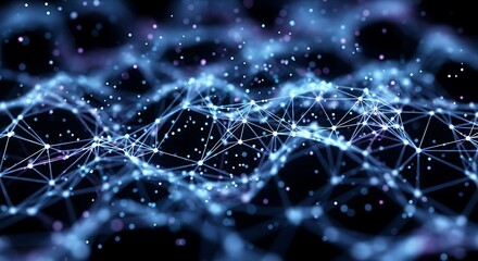 Abstract network of interconnected glowing nodes and lines against a dark background, suggesting connectivity and data flow.