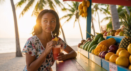 Young south east Asian teenage girl exuding carefree innocence and natural beauty, drinks a refreshing and fresh smoothie drink at a local island fruit stall at sunset while daydreaming.