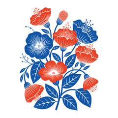 Flat floral artwork featuring blue leaves and orange petals in playful symmetrical balance vector illustration.