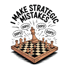 I make strategic mistakes t shirt design and Funny chess board scene with fallen pieces vector illustration.