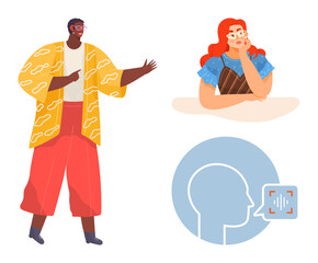 Person engaging in dialogue, individual deep in thought, and a voice recognition interface. Ideal for communication, AI interaction, brainstorming, diversity, teamwork, education simple flat