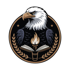 Powerful eagle perched over open book and torch, symbolizing knowledge and strength vector illustration.