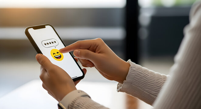 Person using mobile phone touching emoji on screen
