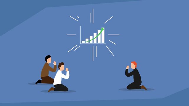 A group of business people on their knees praying for a rising bar chart, a concept for business growth, financial success, or hope. sign cartoon animation