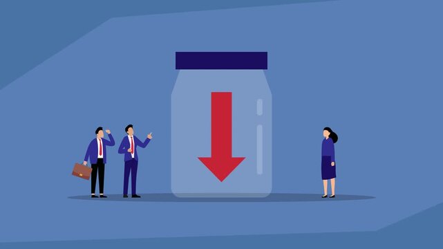A group of business people looking at a jar with a downward arrow inside, a concept for business loss, recession, or financial downfall sign cartoon animation