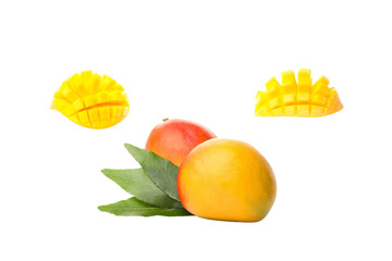 Ripe mangoes sliced with leafy decor, isolated on white, PNG