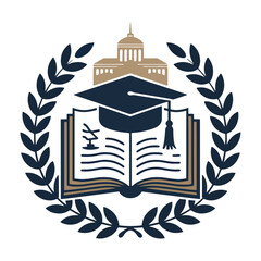 Academic emblem featuring open book graduation cap and laurel wreaths for education achievements vector illustration.