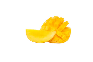 Vibrant yellow sliced mango, uniquely shaped, isolated on white, PNG